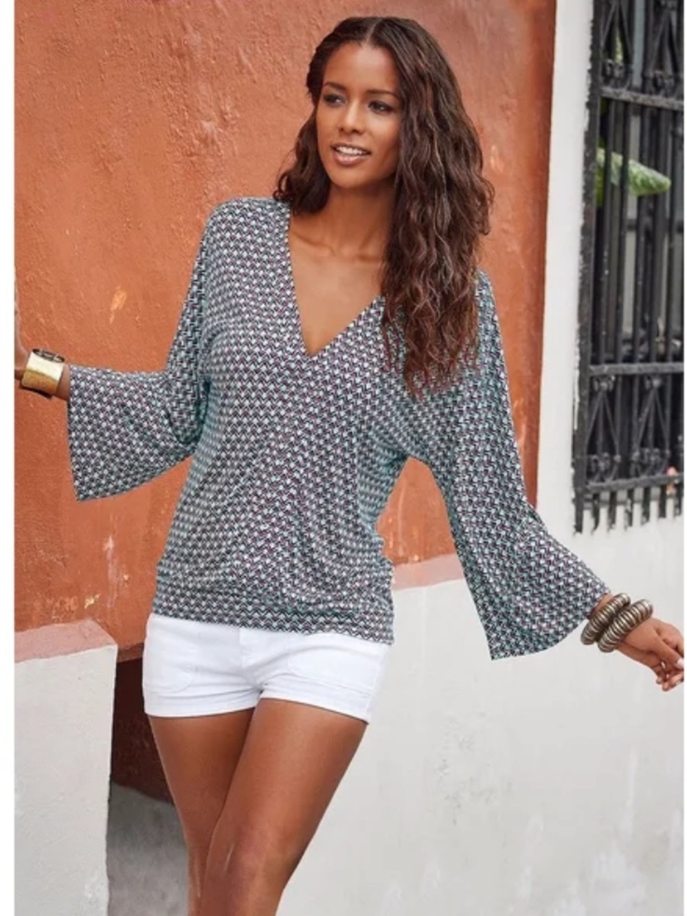VENUS Pink and Black Chevron V-Neck Blouse